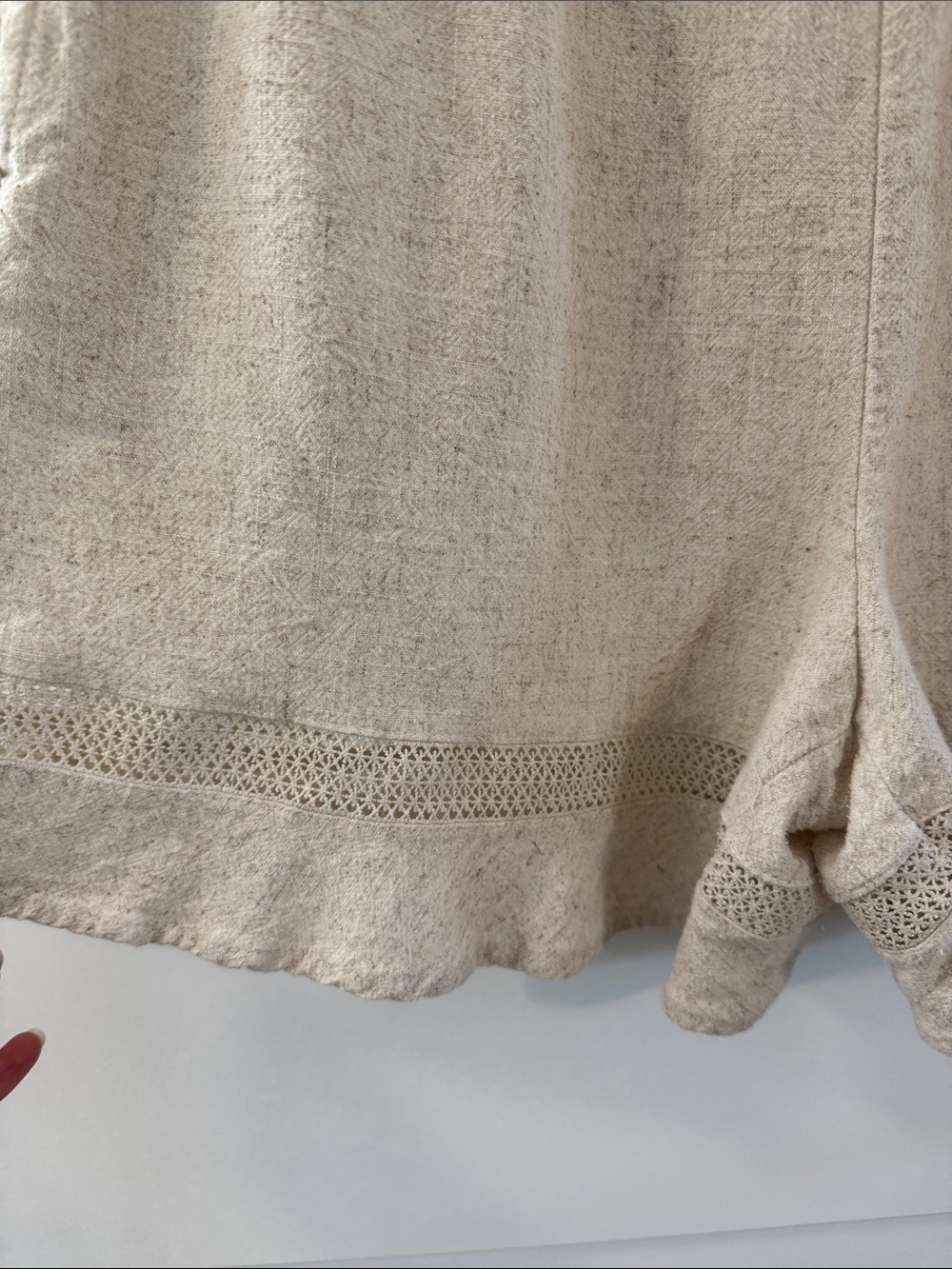 High Waist Linen Blend Womens Shorts Light Beige Openwork Trim Summer Essentials - Picture 3 of 8